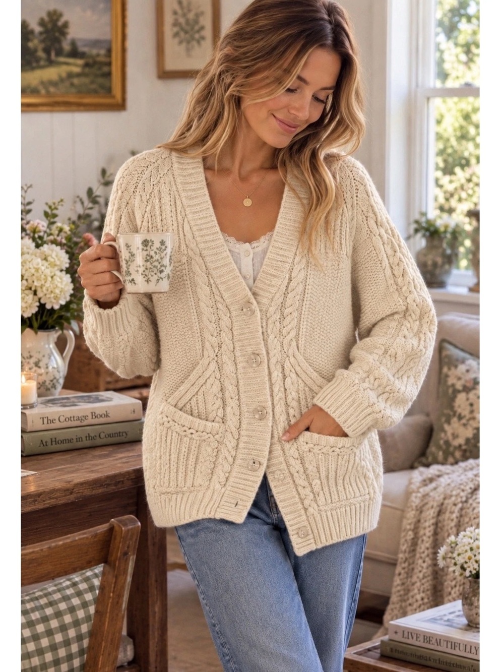 Sundance XXL Ivory Cable Knit Cardigan Sweater Wool Cotton Blend Pockets Boho